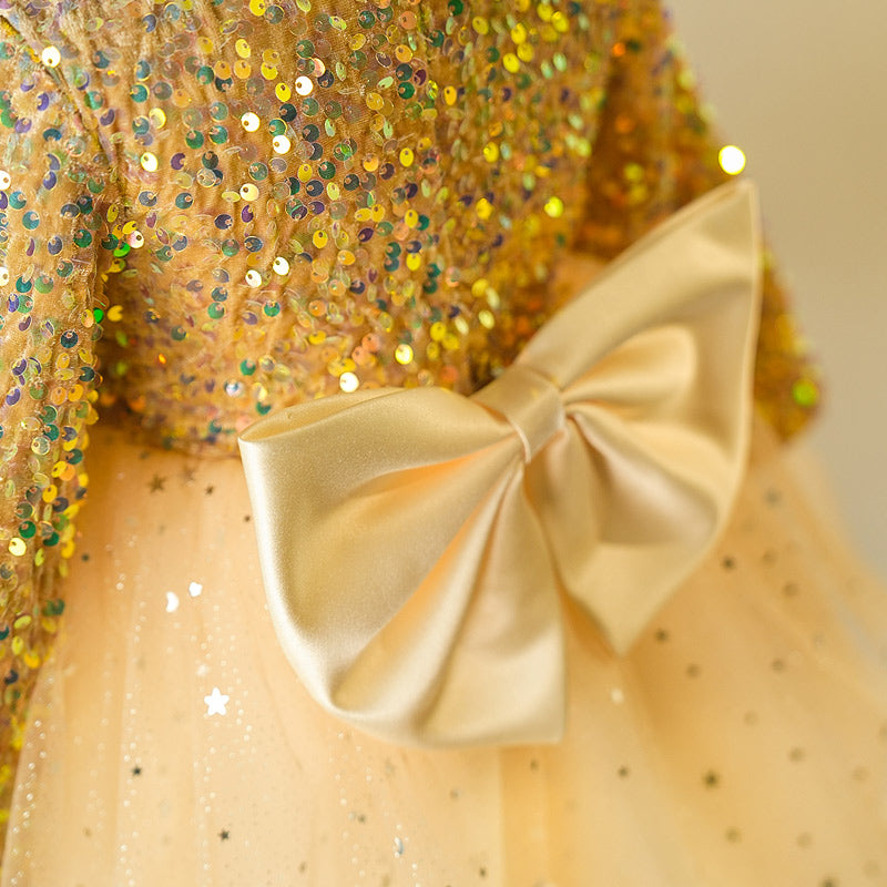 Gold Sequin A-Line Flower Girl Dress Beaded Long Sleeve Tea