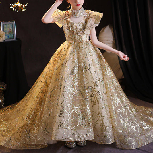 Gold Sequin A-Line Flower Girl Dress Beaded Turtle Cap Sleeve