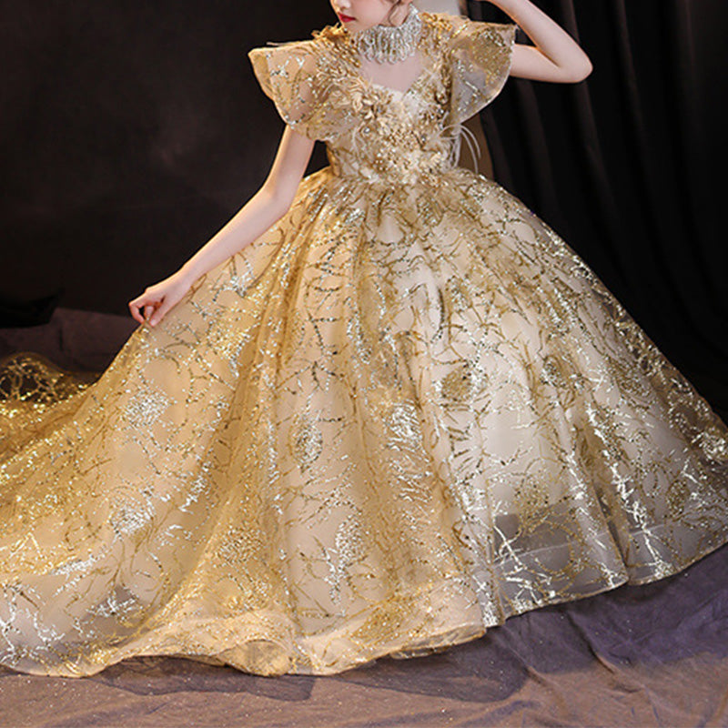 Gold Sequin A-Line Flower Girl Dress Beaded Turtle Cap Sleeve