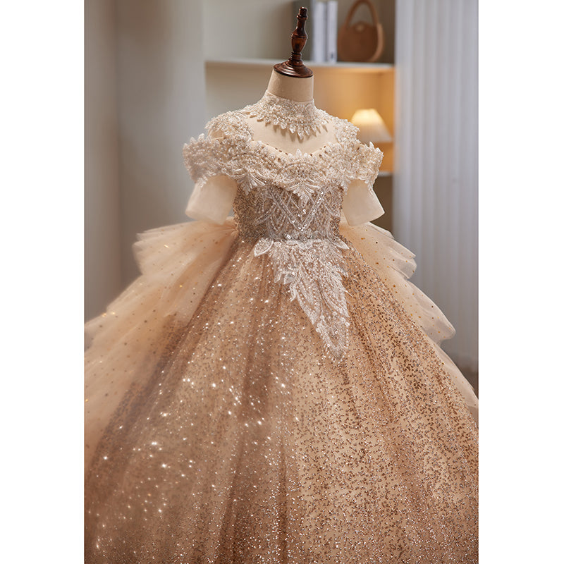 Gold Sequin A-Line Flower Girl Dress - Cold Shoulder