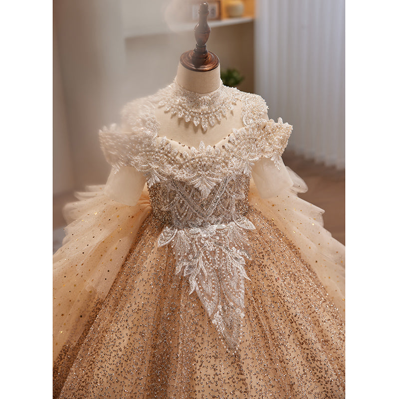 Gold Sequin A-Line Flower Girl Dress - Cold Shoulder