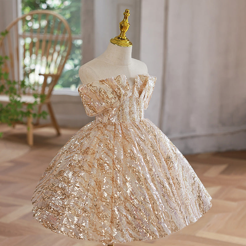 Gold Sequin A-Line Flower Girl Dress Cold Shoulder Knee
