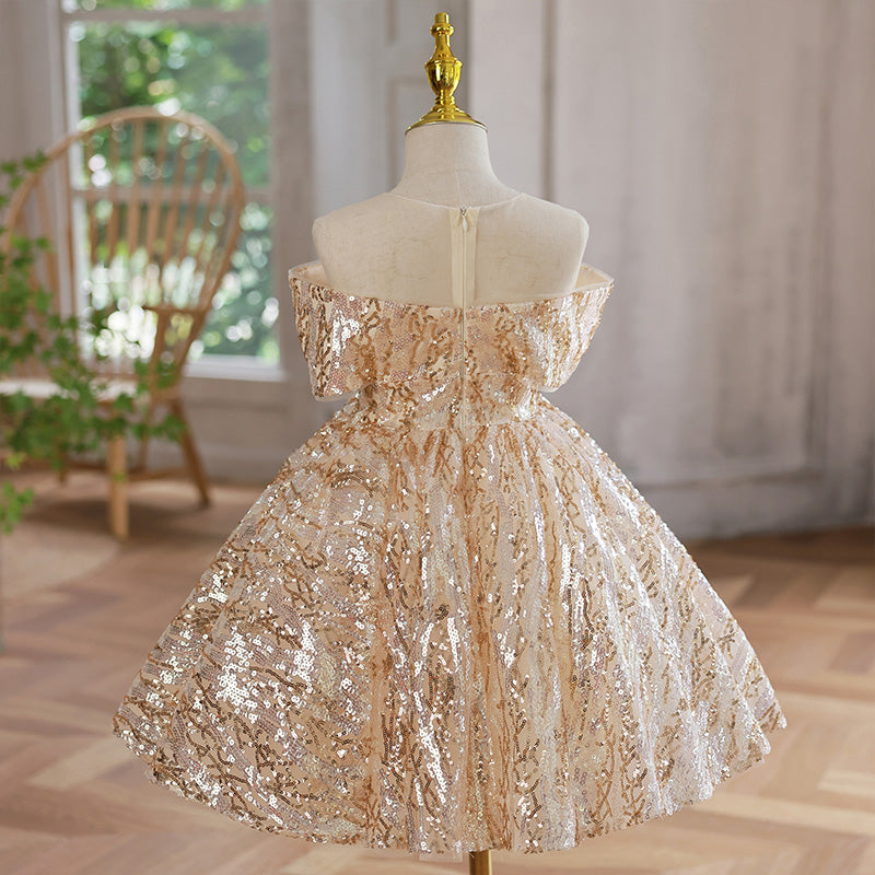 Gold Sequin A-Line Flower Girl Dress Cold Shoulder Knee