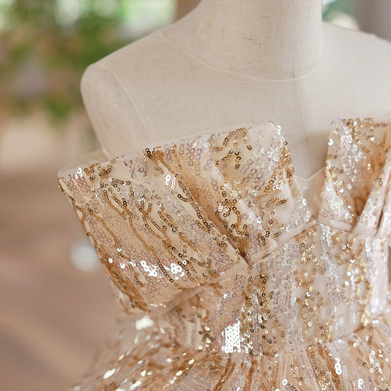 Gold Sequin A-Line Flower Girl Dress Cold Shoulder Knee