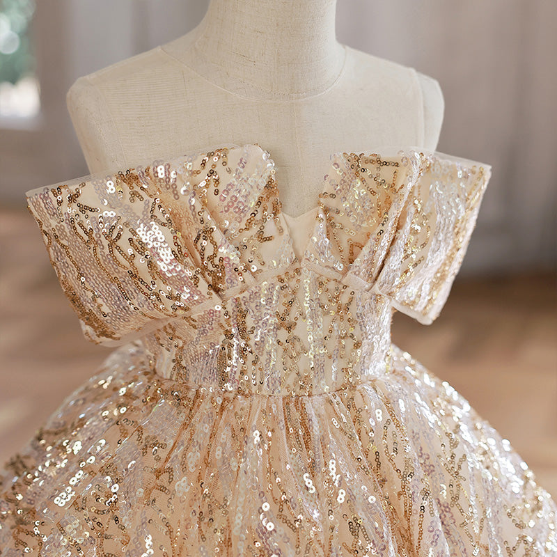 Gold Sequin A-Line Flower Girl Dress Cold Shoulder Knee
