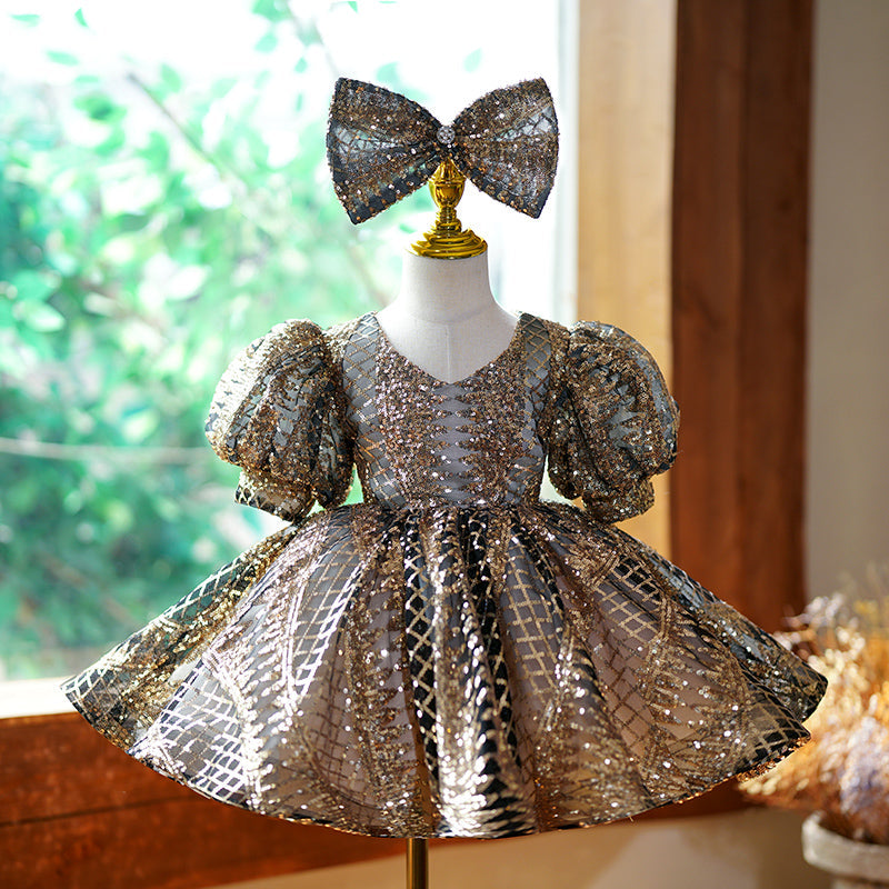 Gold Sequin Princess Dress for Girls – Knee-Length Party & Occasion Gown