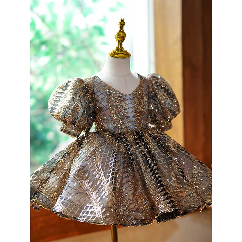 Gold Sequin Princess Dress for Girls – Knee-Length Party & Occasion Gown