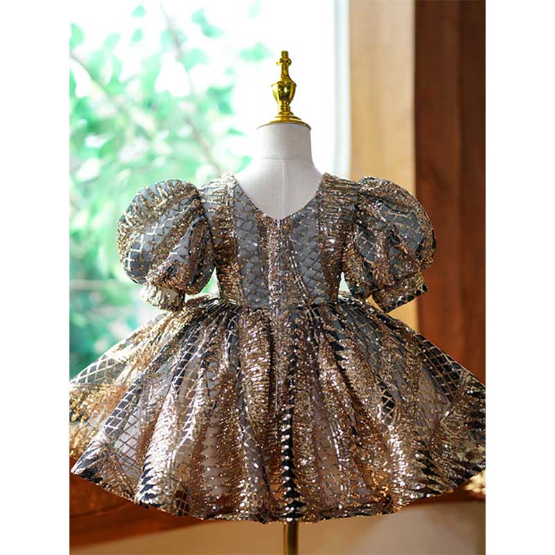 Gold Sequin Princess Dress for Girls – Knee-Length Party & Occasion Gown