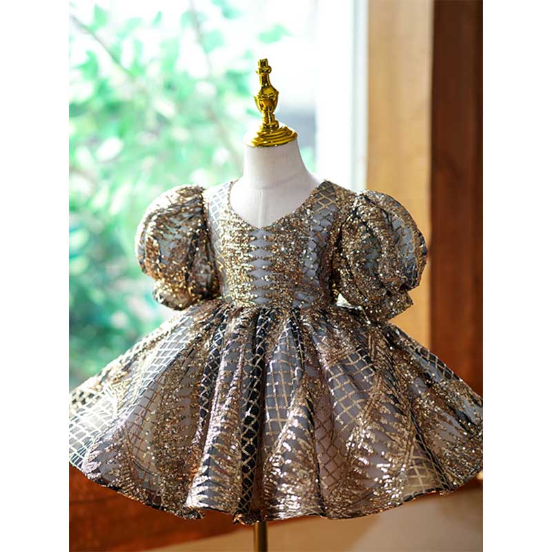 Gold Sequin Princess Dress for Girls – Knee-Length Party & Occasion Gown