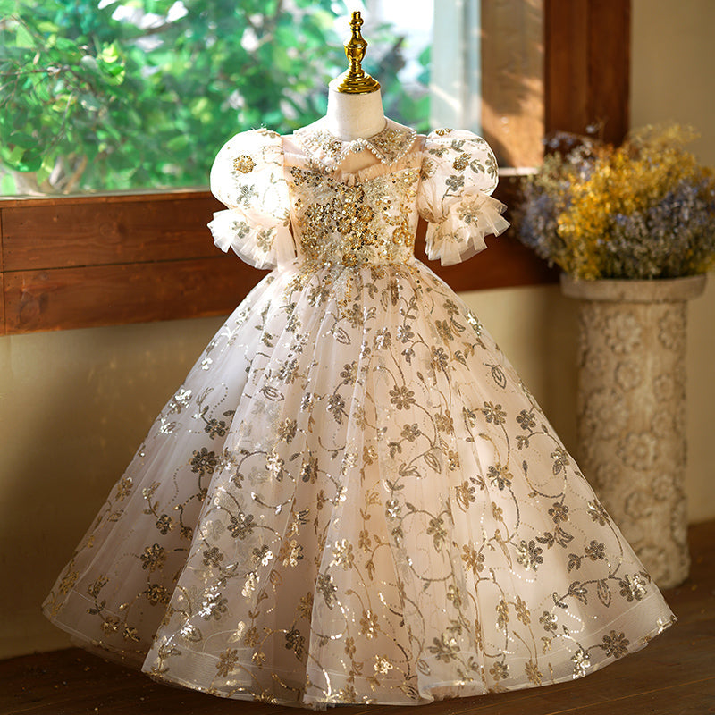 Gold Sequin Organza A-Line Flower Girl Dress with Puff Sleeves