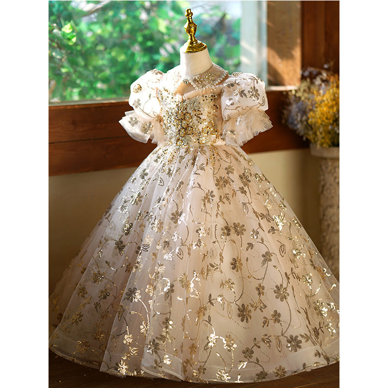 Gold Sequin Organza A-Line Flower Girl Dress with Puff Sleeves