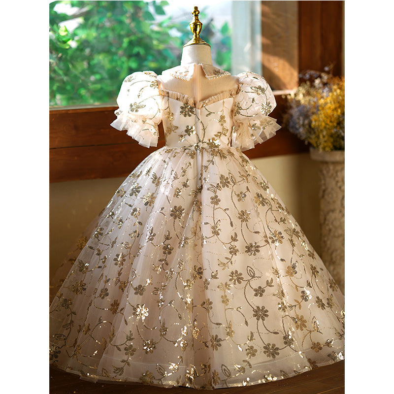Gold Sequin Organza A-Line Flower Girl Dress with Puff Sleeves