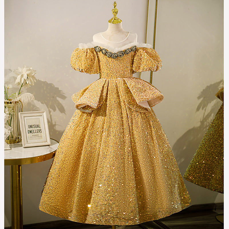 Gold Sequin Princess Flower Girl Dress | Flowers