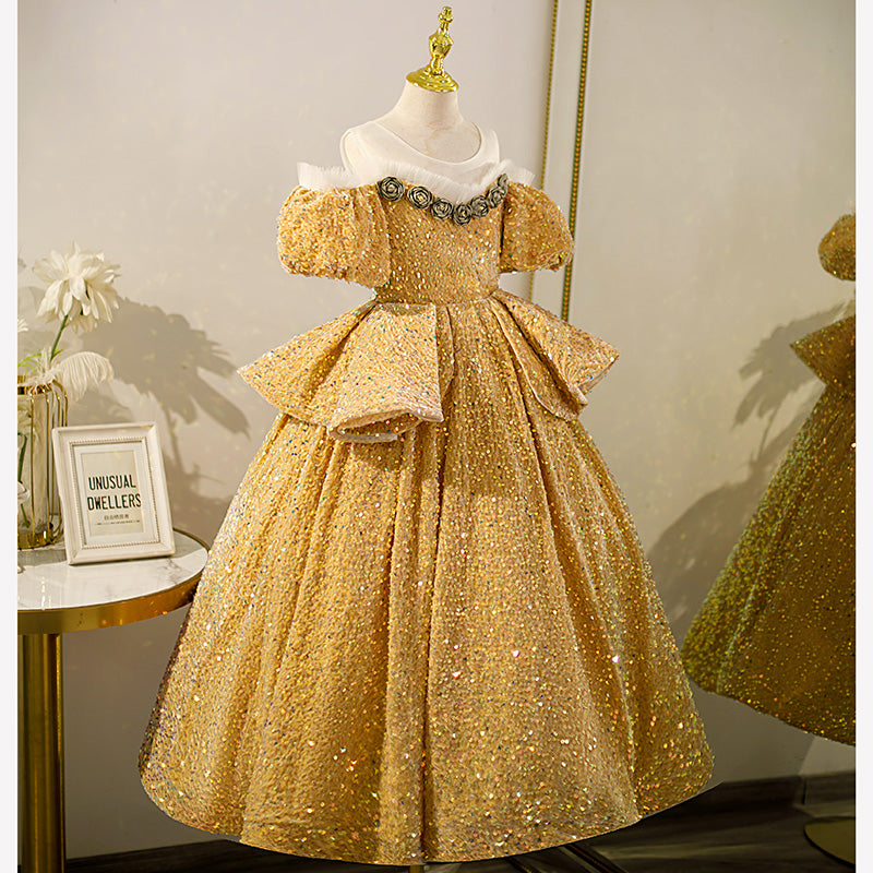 Gold Sequin Princess Flower Girl Dress | Flowers