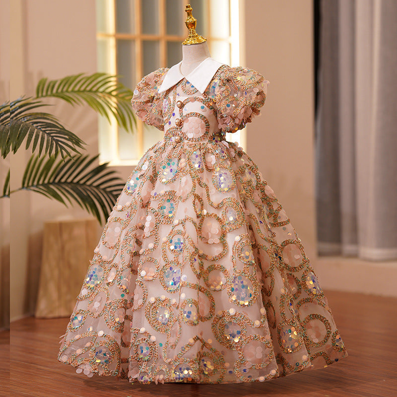 Gold Sequin Princess Flower Girl Dress Collared Puff Sleeve