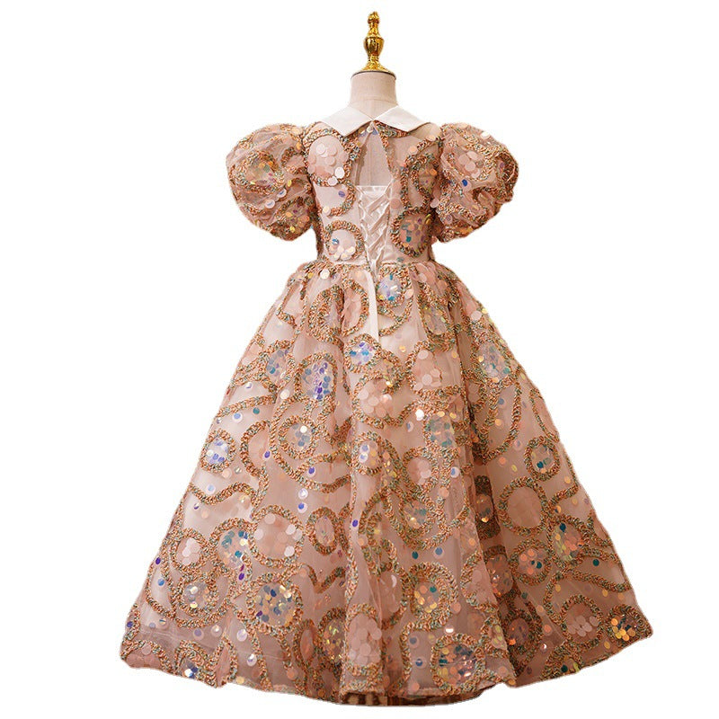 Gold Sequin Princess Flower Girl Dress Collared Puff Sleeve