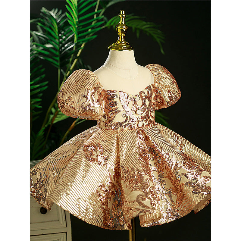Gold Sequin Princess Flower Girl Dress - Puff Sleeves