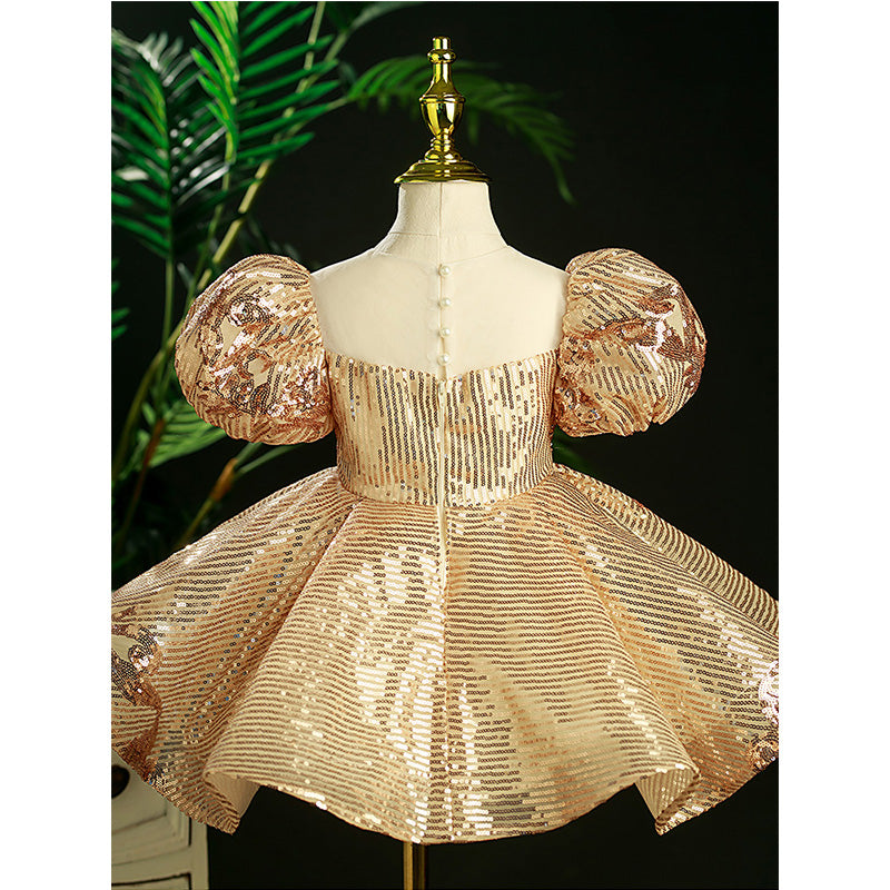 Gold Sequin Princess Flower Girl Dress - Puff Sleeves