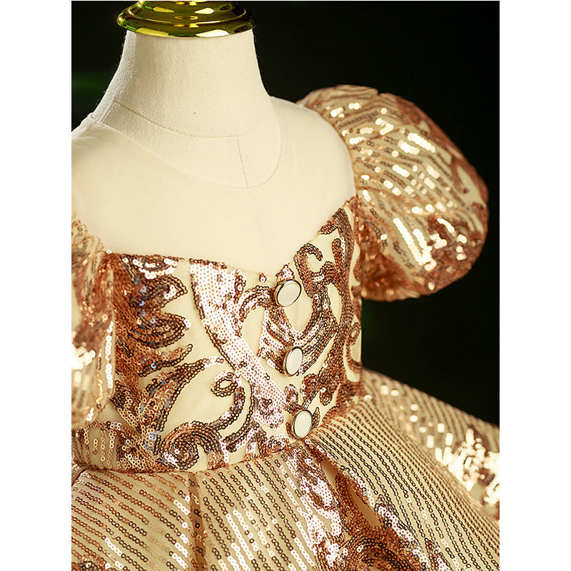 Gold Sequin Princess Flower Girl Dress - Puff Sleeves