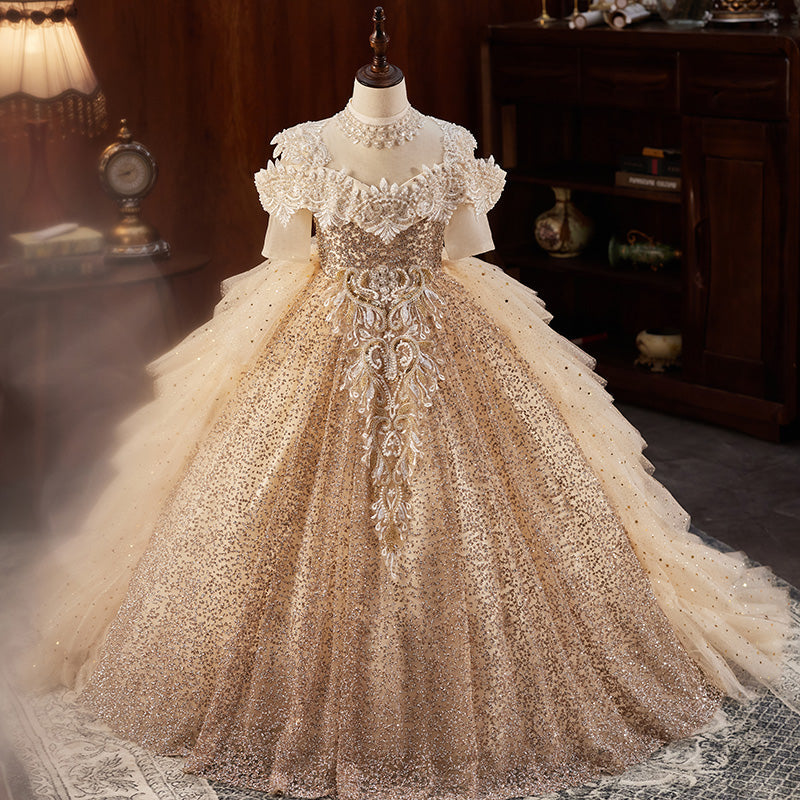 Gold Sequin Tulle A-Line Flower Girl Dress - Lace & Beaded