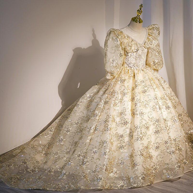 Gold Sequined A-Line Flower Girl Dress with Lantern Sleeves