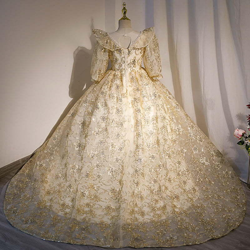 Gold Sequined A-Line Flower Girl Dress with Lantern Sleeves