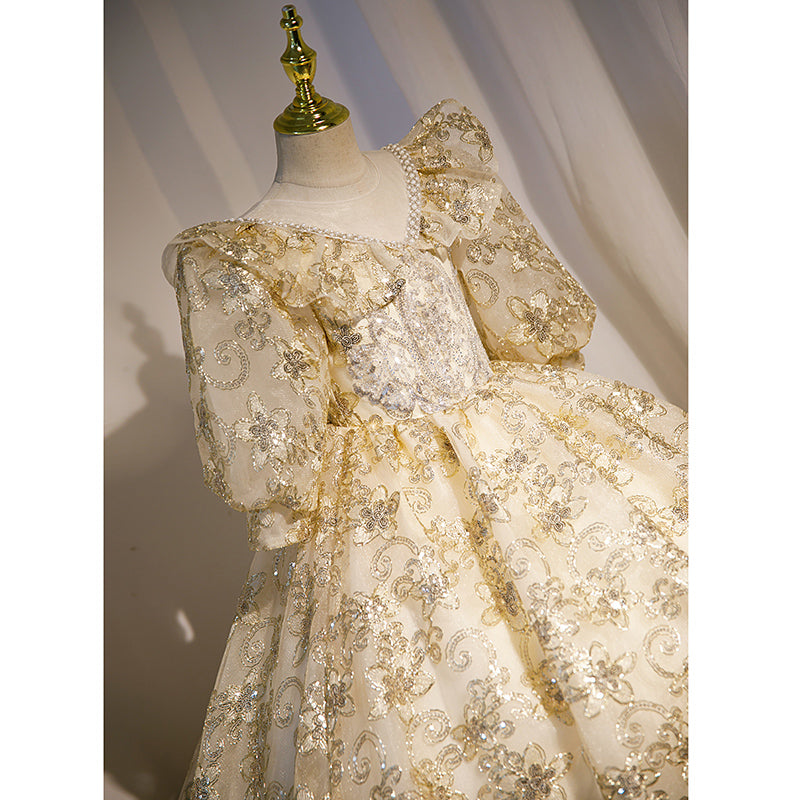 Gold Sequined A-Line Flower Girl Dress with Lantern Sleeves