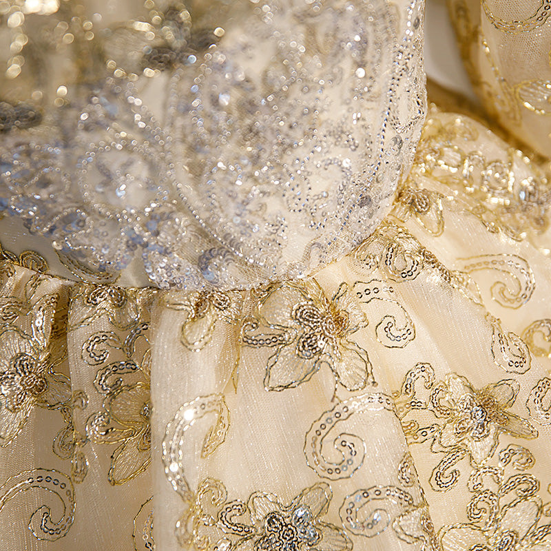 Gold Sequined A-Line Flower Girl Dress with Lantern Sleeves