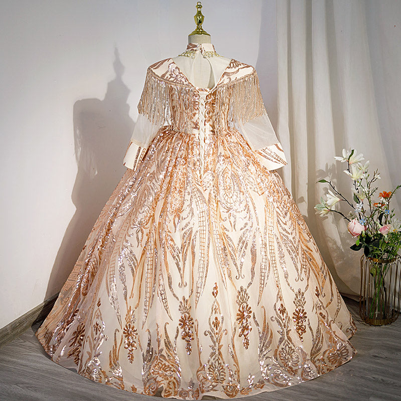 Gold Sequined A-Line Flower Girl Dress with Long Sleeves