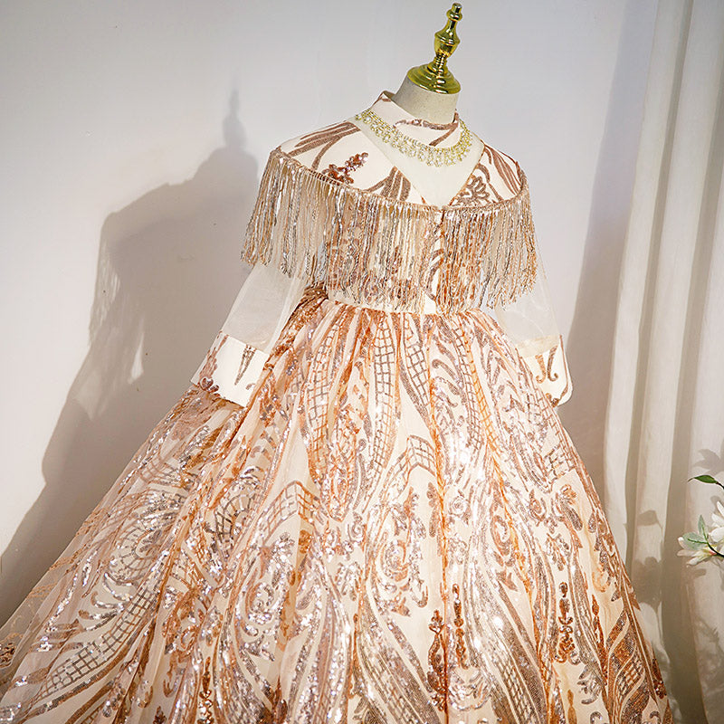 Gold Sequined A-Line Flower Girl Dress with Long Sleeves