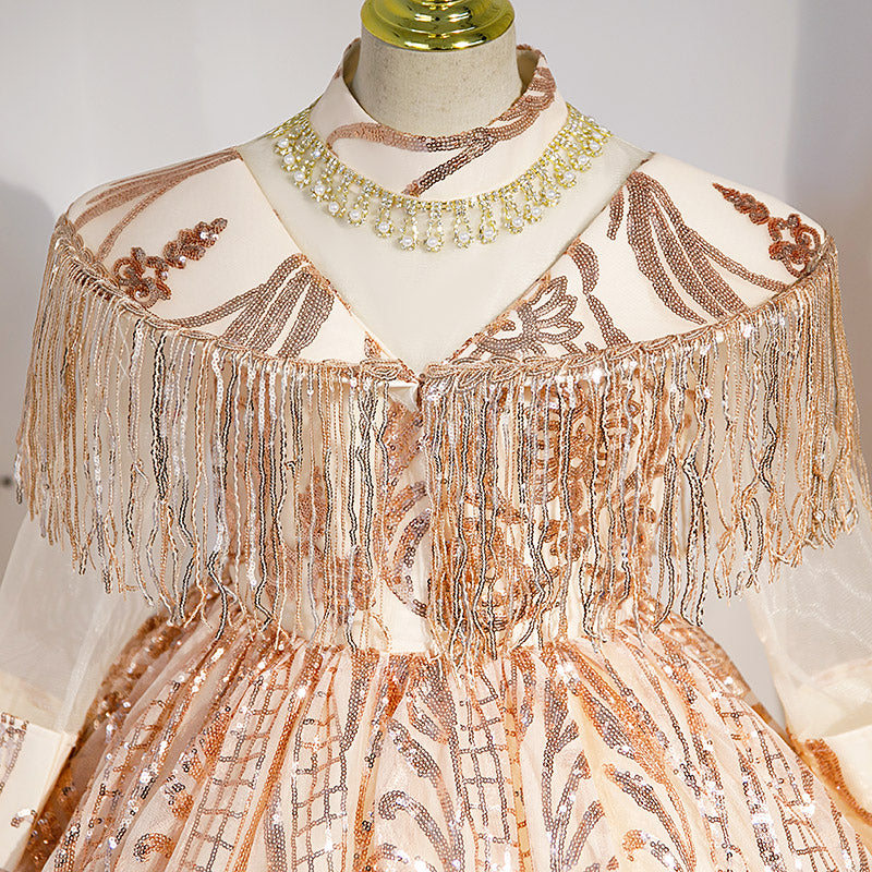 Gold Sequined A-Line Flower Girl Dress with Long Sleeves
