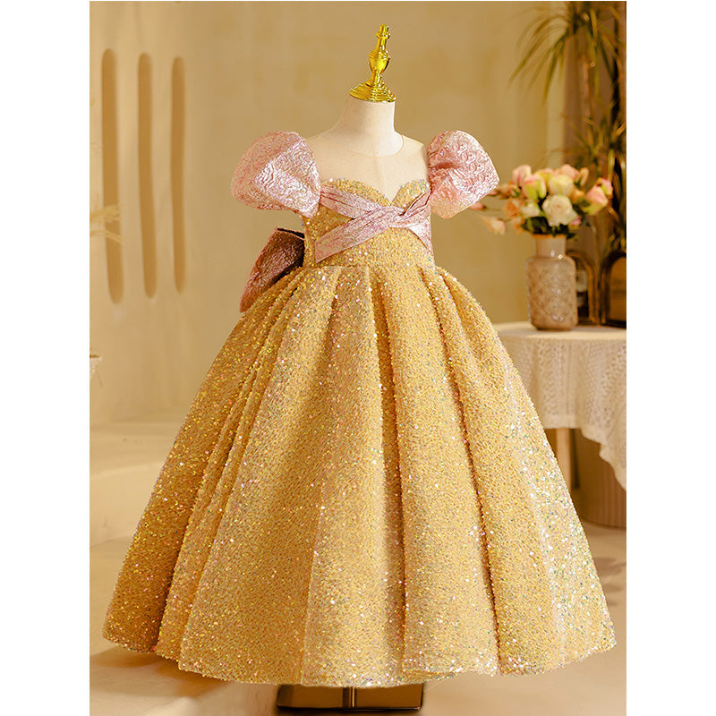 Gold Sequined A-Line Flower Girl Dress with Puff Sleeves