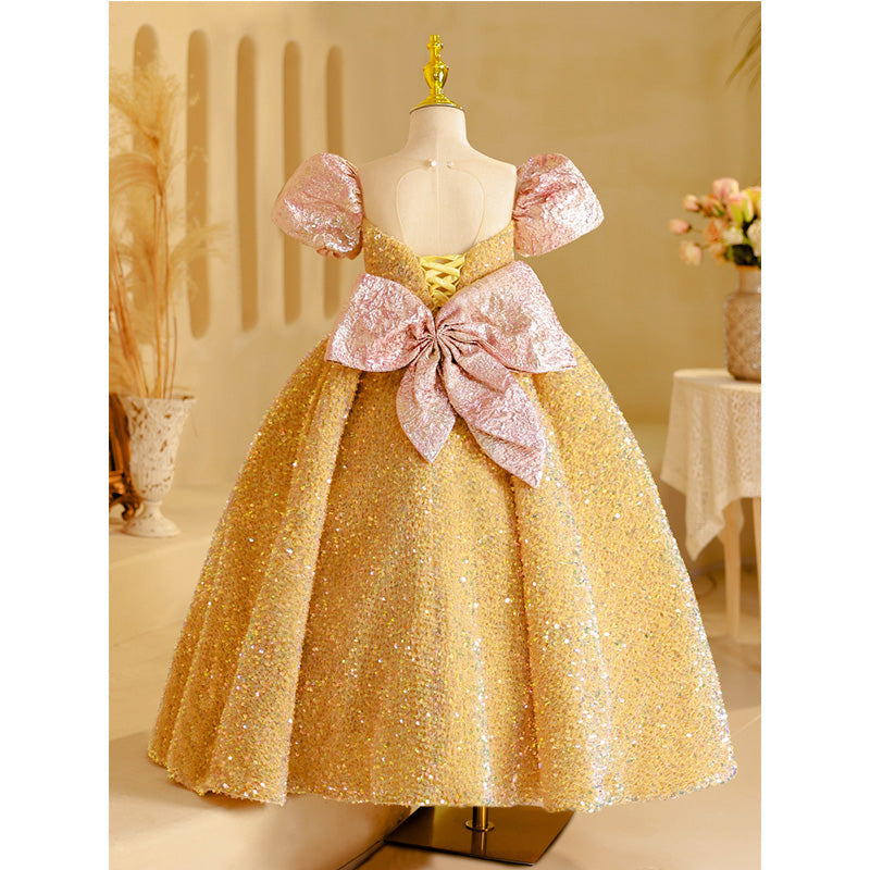 Gold Sequined A-Line Flower Girl Dress with Puff Sleeves