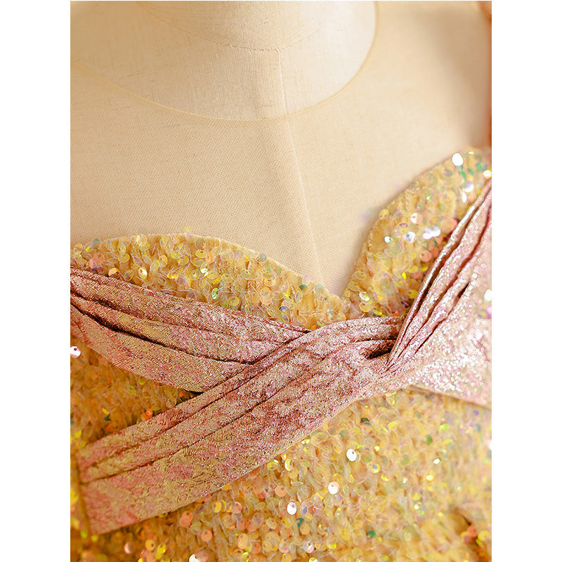 Gold Sequined A-Line Flower Girl Dress with Puff Sleeves