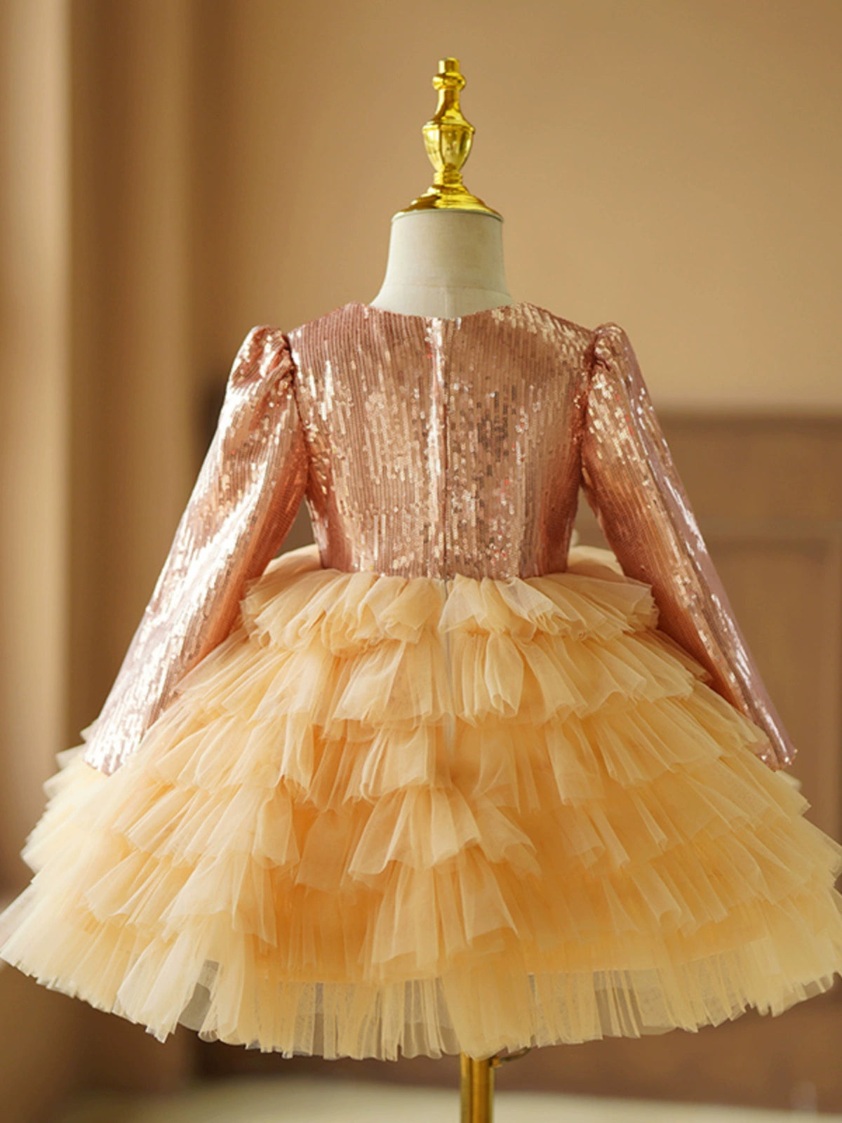 Gold Sequined Ball Gown Dress for Girls – Long Sleeve Tulle Tiered Skirt | Flower Girl, Party & Special Occasion