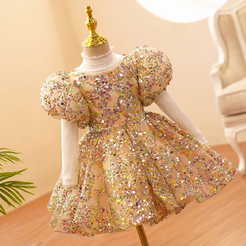 Gold Sequined Princess Flower Girl Dress Puff Sleeve