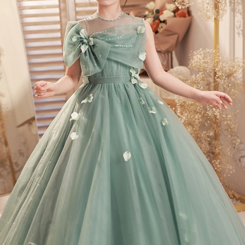 Green A-Line Flower Girl Dress with Beaded Flowers & Tulle