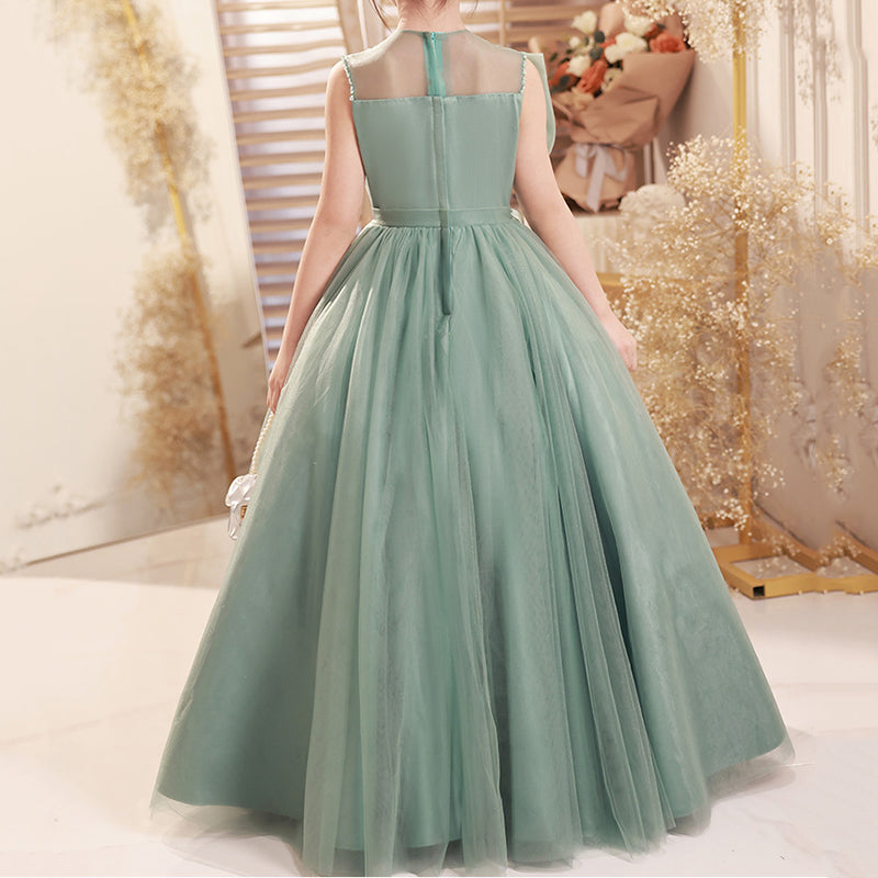 Green A-Line Flower Girl Dress with Beaded Flowers & Tulle