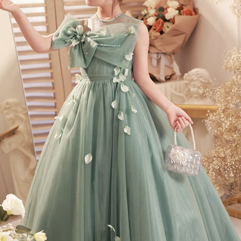 Green A-Line Flower Girl Dress with Beaded Flowers & Tulle