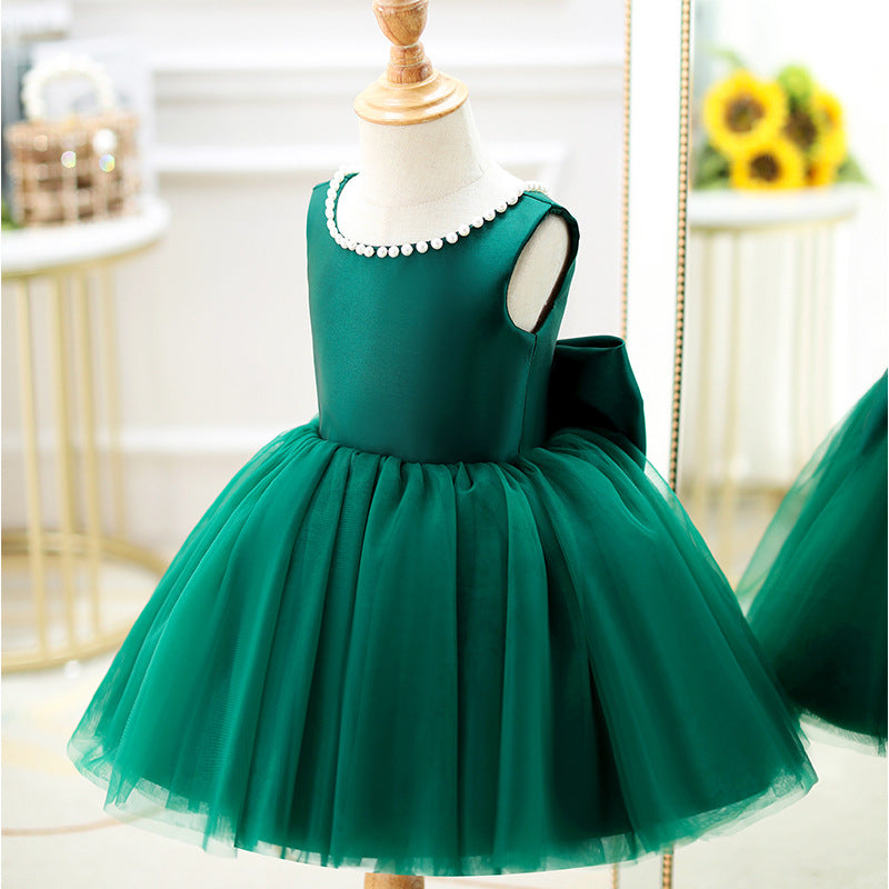 Green A-Line Flower Girl Dress with Bow and Ruffle Details