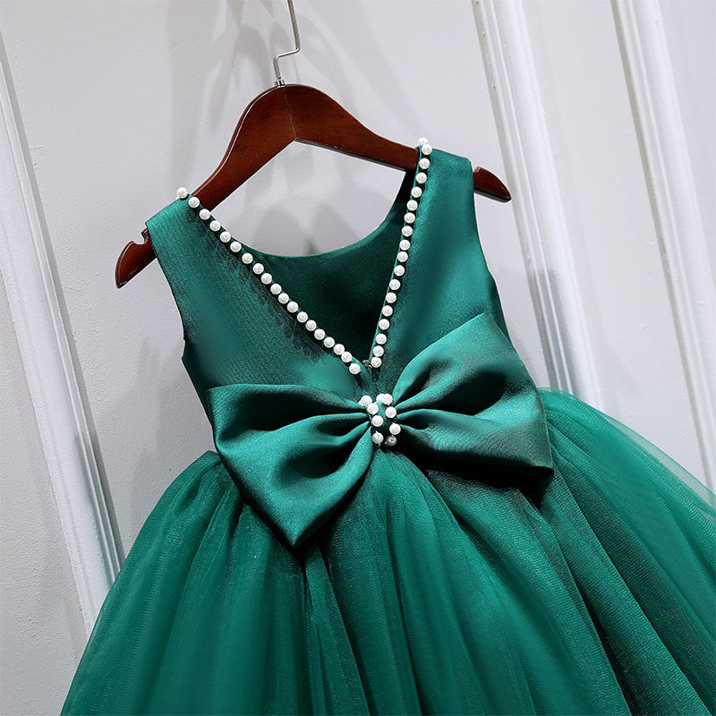 Green A-Line Flower Girl Dress with Bow and Ruffle Details
