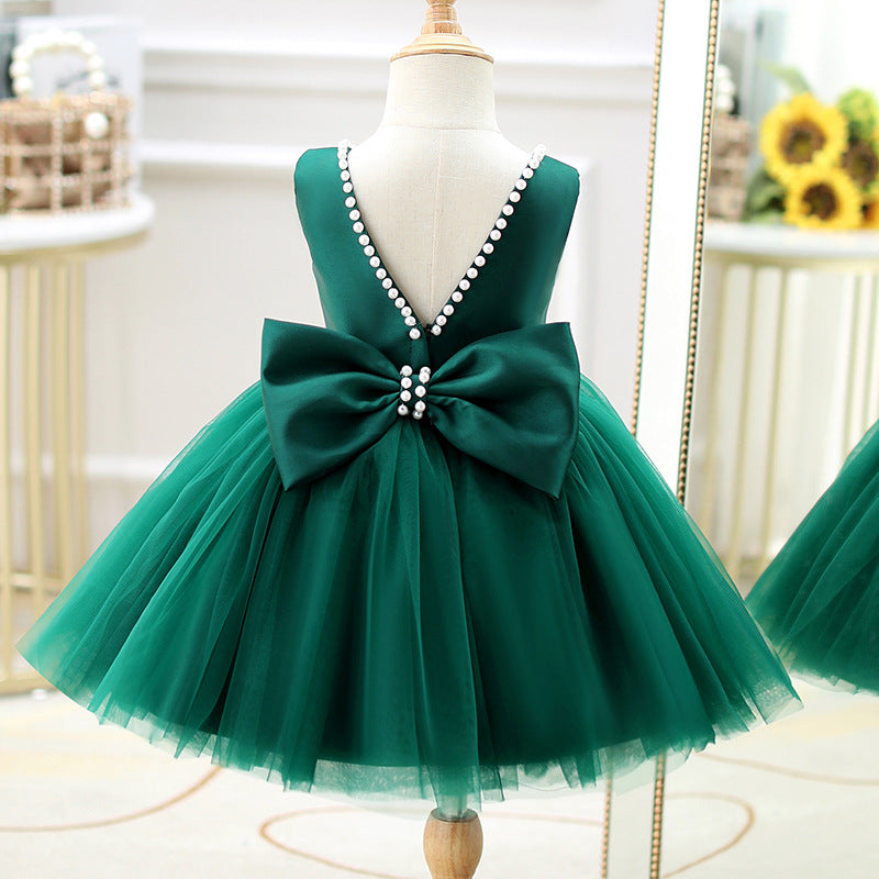 Green A-Line Flower Girl Dress with Bow and Ruffle Details