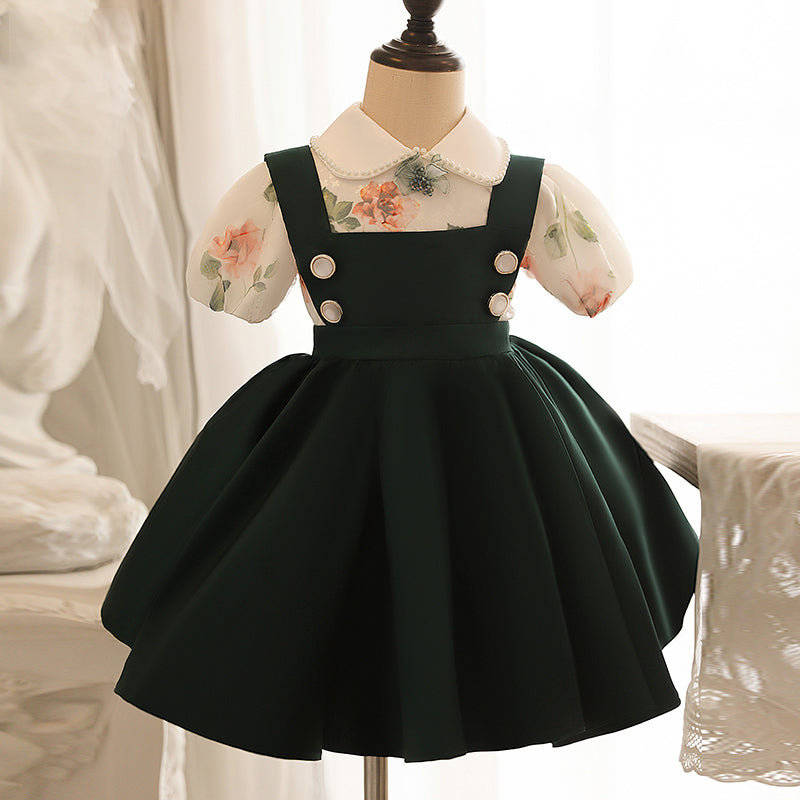 Green A-line Tea-Length Flower Girl Dress with Beaded Flowers