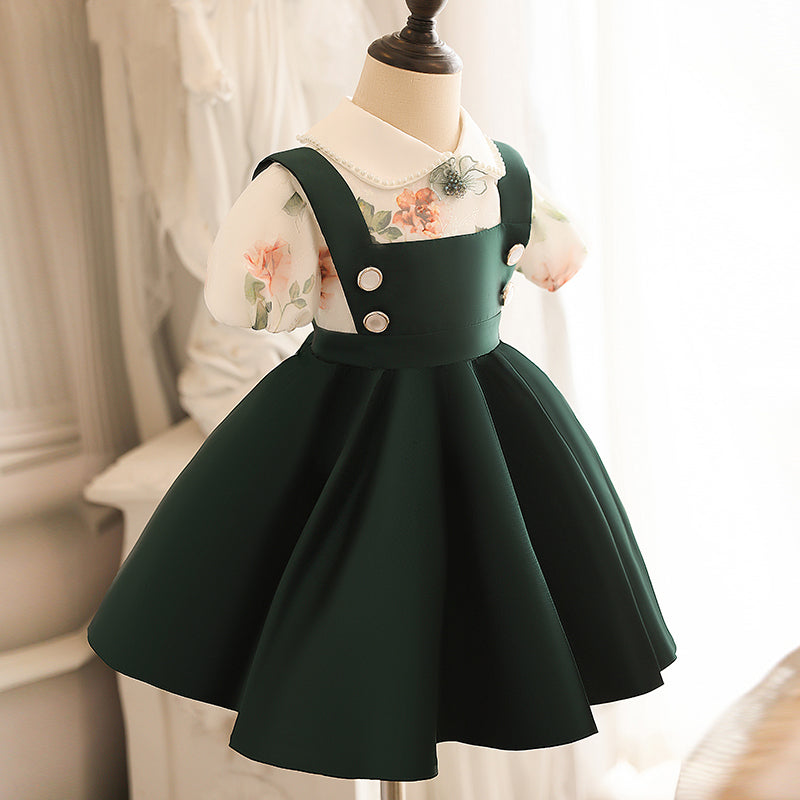Green A-line Tea-Length Flower Girl Dress with Beaded Flowers
