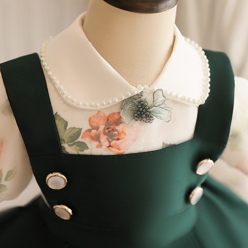 Green A-line Tea-Length Flower Girl Dress with Beaded Flowers