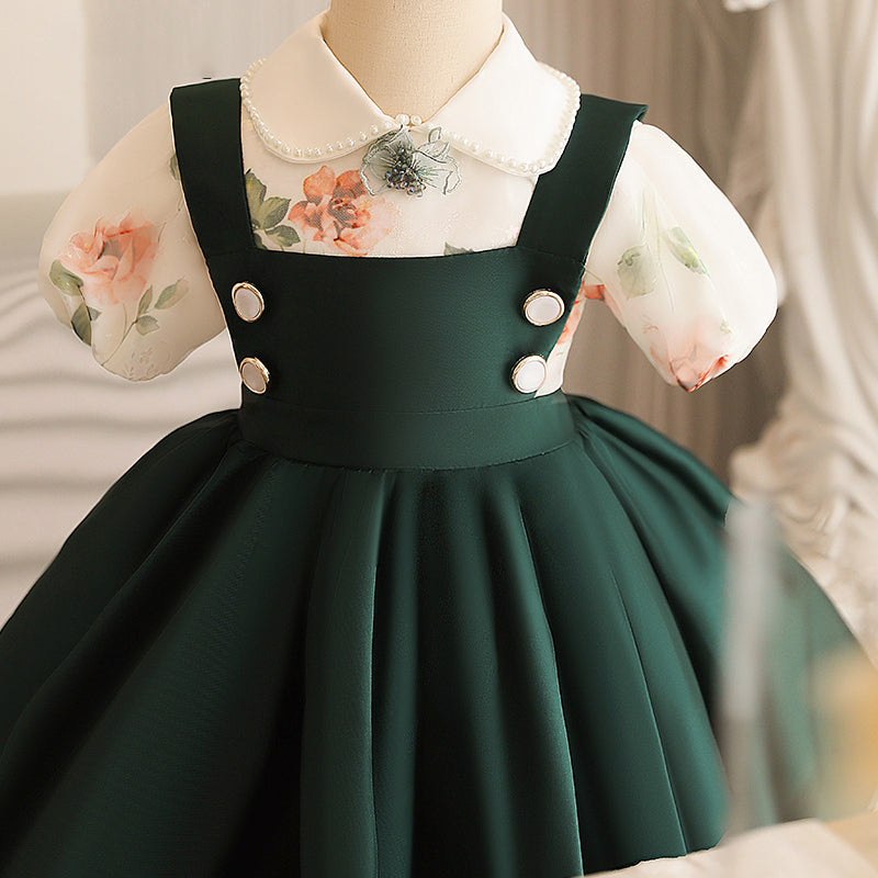 Green A-line Tea-Length Flower Girl Dress with Beaded Flowers