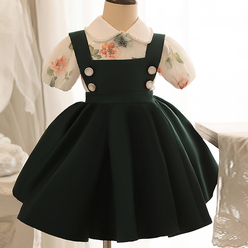Green A-line Tea-Length Flower Girl Dress with Beaded Flowers