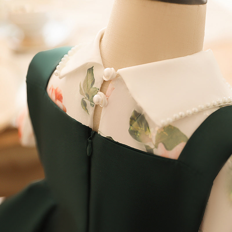 Green A-line Tea-Length Flower Girl Dress with Beaded Flowers