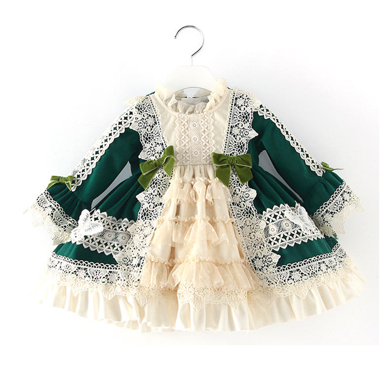 Green Princess Flower Girl Dress with Lace and Lantern Sleeves