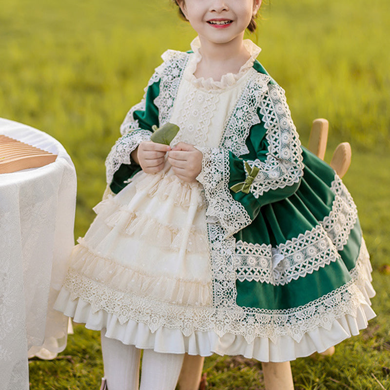 Green Princess Flower Girl Dress with Lace and Lantern Sleeves